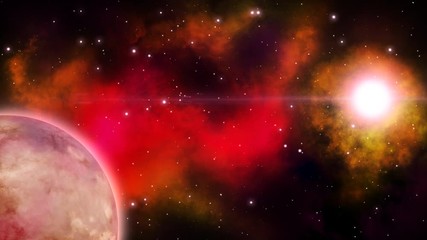 Wall Mural - Red nebula in the deep space along with rotating planet and bright star. Loop.