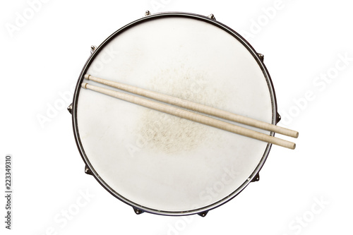 Fotografía Snare drum with drumsticks top view isolated on white