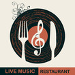 Vector menu or banner for restaurant with live music decorated with old vinyl record and cutlery on light background in retro style