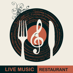 Wall Mural - Vector menu or banner for restaurant with live music decorated with old vinyl record and cutlery on light background in retro style