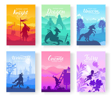 Set Of Diverse Fantasy Worlds Illustration. Fantasy Creatures From Old Myths And Fairy Tales. Template Of Magazines, Poster, Book Cover, Banners. Landscape Invitation Concept Background
