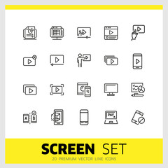 Aufkleber - Screen icons. Set of  line icons. Player window, mobile phone, laptop. Screen concept. Vector illustration can be used for topics like video content, digital technology, apps.
