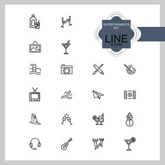 Wall Mural - Entertainments icons. Set of line icons. Painting, kayaking, dancing. Leisure concept. Vector illustration can be used for topics like pastime, hobby