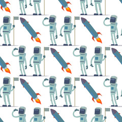 Wall Mural - Astronaut in space vector character having fun spaceman galaxy cosmos atmosphere astronautics system fantasy traveler man seamless pattern background.