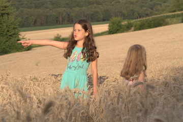 Two little girls sister walking on a wheat field