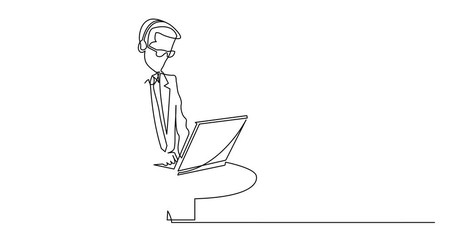 Poster - Animation of continuous line drawing of standing call center worker with laptop computer