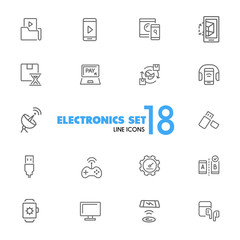 Poster - Electronics icons. Set of line icons. Mobile phone, data storage, satellite. Modern technology concept. Vector illustration can be used for topics like mobile service, apps, digital devices.