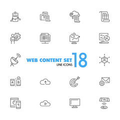 Aufkleber - Web content icons. Set of line icons. Analysis, cloud service, satellite. Modern technology concept. Vector illustration can be used for topics like data storage, apps, digital devices.