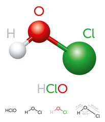 Wall Mural - hclo. hypochlorous acid. molecule model, chemical formula, ball-and-stick model, geometric structure
