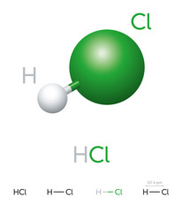 Wall Mural - hcl. hydrogen chloride. molecule model, chemical formula, ball-and-stick model, geometric structure 