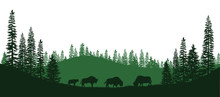 Black Silhouettes Of American Bison. Natural Panorama Of Forest Animals. Isolated Landscape. Wildlife Scene. Vector Illustration