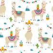 PrintCute cartoon llama alpaca seamless pattern vector graphic design. Hand drawn llama character illustration and cactus elements for nursery design, birthday, baby shower design and party decor, pri