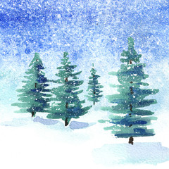 Wall Mural - Winter background. Watercolor hand drawn square illustration