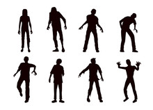 Vector Zombie Collection In Silhouette Style. Full Body Many Action In Front View.