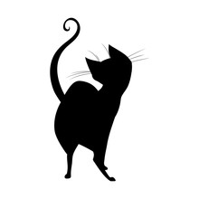 Silhouette Of Black Witch Cat Standing Back. Cute Playful Witch Cat With Long Whiskers. Vector Illustration.