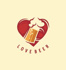 Poster - Beer logo design idea with heart shape and beer mug in negative space. Love beer vector illustration.