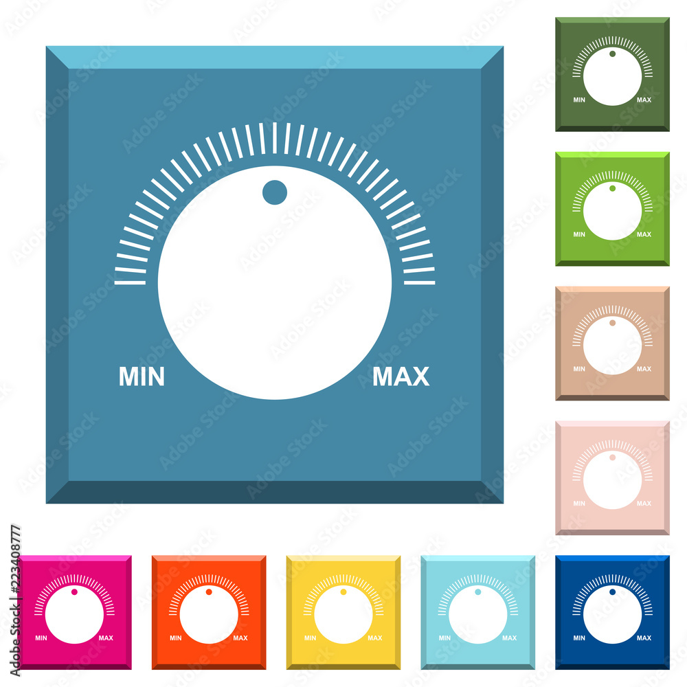 Volume control with captions white icons on edged square buttons Stock ...