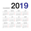 © kanpisut - Year 2019 calendar vector design template, simple and clean design. Calendar for 2019 on White Background for organization and business. Week Starts Monday. Simple Vector Template. EPS10.