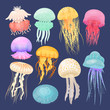 Ocean jellyfish bright set on dark blue