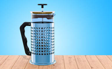 Poster - French Press on the wooden table. 3D rendering