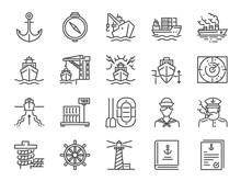 Marine Port Icon Set. Included Icons As Sea Freight Services, Ship, Shipping, Cargo, Container And More.