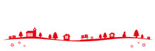 Red Christmas Winter Landscape Border With Church Firs Houses And Gifts