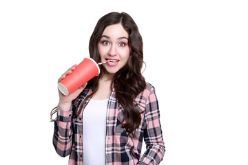 Wall Mural - Young beautiful woman with paper cup on white background