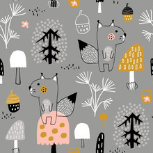 Seamless Childish Pattern With Cute Squirrels In The Wood. Creative Kids City Texture For Fabric, Wrapping, Textile, Wallpaper, Apparel. Vector Illustration