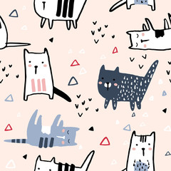 Wall Mural - Seamless pattern with hand drawn cats and geometric shapes. Creative childish texture. Great for fabric, textile Vector Illustration