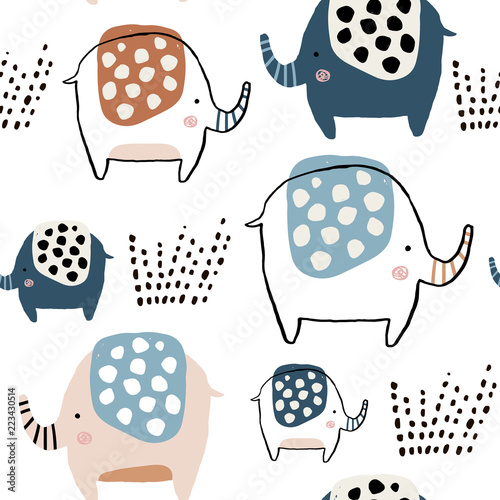 Foto-Schiebegardine mit Schienensystem - Seamless pattern with cute ink drawn elephants. Creative childish texture. Great for fabric, textile Vector Illustration (von solodkayamari)