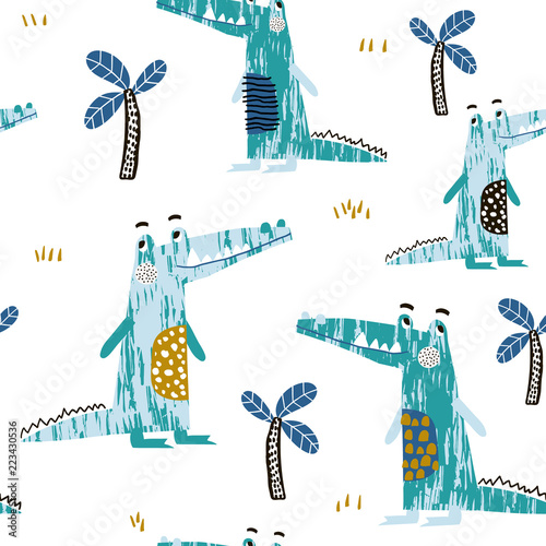 Foto-Schiebegardine mit Schienensystem - Seamless pattern with creative crocodile and palm trees. Perfect for kids apparel,fabric, textile, nursery decoration,wrapping paper.Vector Illustration (von solodkayamari)