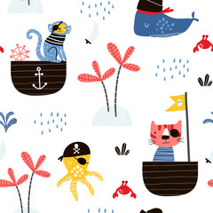  Seamless childish pattern with cat,monkey, octopus pirates. Creative marine kids texture for fabric, wrapping, textile, wallpaper, apparel. Vector illustration