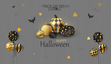 Happy Halloween. Trick Or Treat. Boo. Holiday Concept With Glitter Confetti Ghost Balloons Funny Faces, Gold, Black Halloween Pumpkins For Banner, Website, Poster, Greeting Card, Party Invitation.