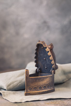 Hot, Vintage Old Iron With Coal On Linen Fabric, Selective Focus