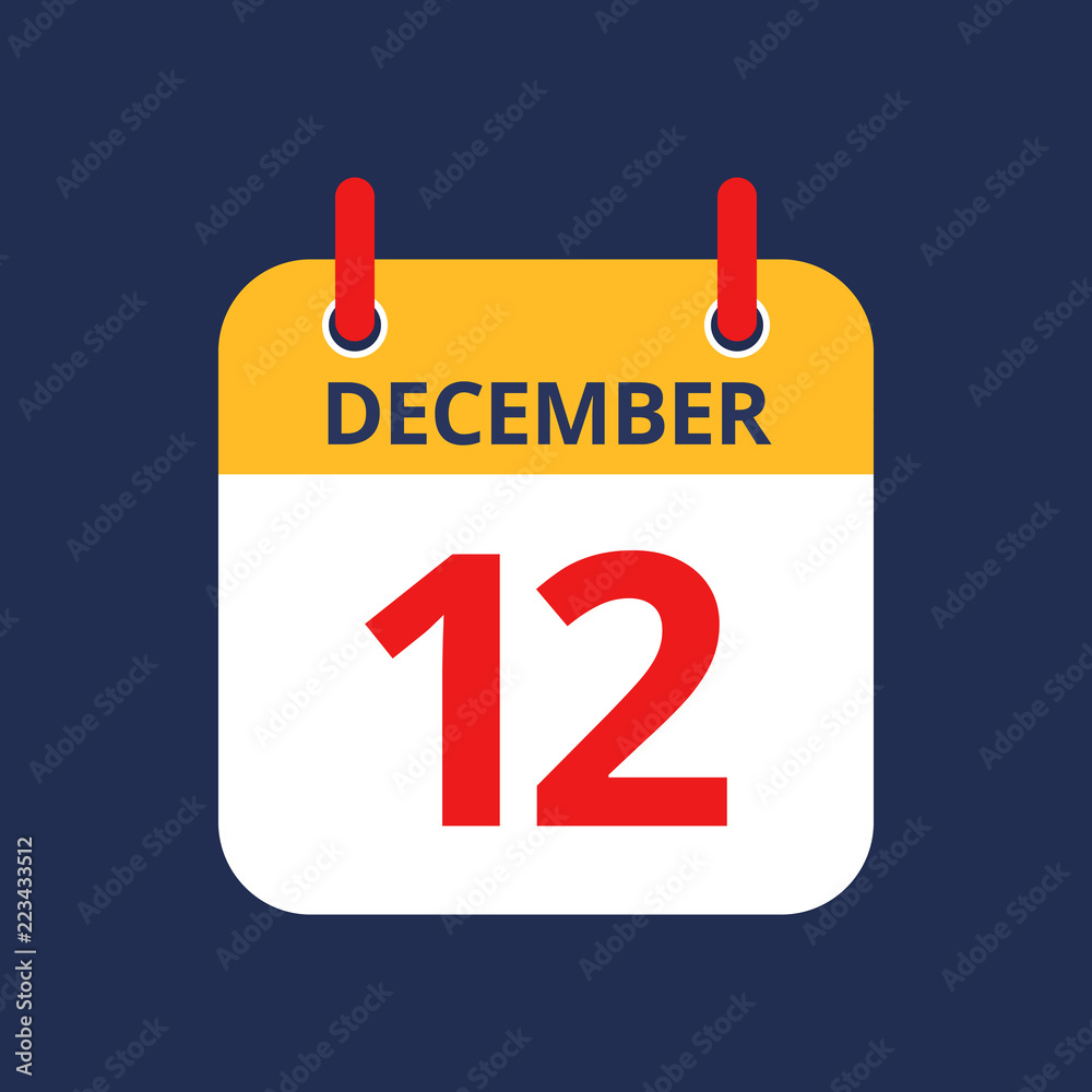 Flat icon calendar 12th of December isolated on blue background. Vector illustration. Stock Vector | Adobe Stock