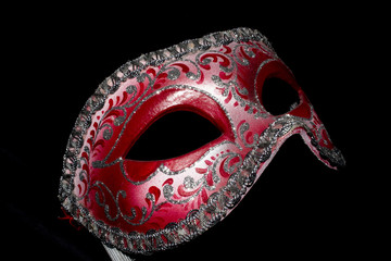 Wall Mural - Venetian Masquerade Red and Silver Ball Mask on Black Background