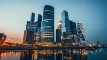 Panoramic View Of Moscow City And Moskva River After Sunset. New Modern Futuristic Skyscrapers Of Moscow-City - International Business Center