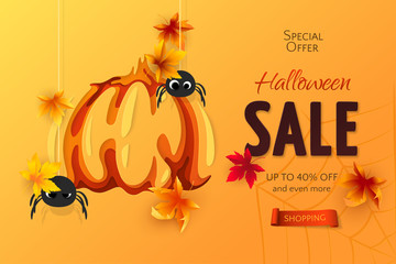 Wall Mural - Vector Halloween sale banner with pumpkin in paper cut style, spiders and maple leaves. 3D realistic festive orange background with carving art for design of flyers with discount and special offers.