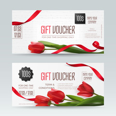 Wall Mural - Set of romantic gentle gift vouchers with realistic red tulips and ribbons. Vector elegant layout with 3D flowers for gift card, coupon and certificate. Isolated from background.