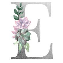Watercolor Monogram Alphabet Letter E Silver Foil