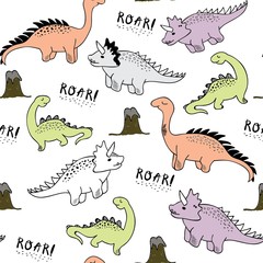 Wall Mural - childish dinosaur seamless pattern for fashion clothes, fabric, t shirts. hand drawn vector with lettering