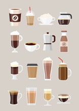 Vector Illustration Set Of Different Coffee Drinks, Coffee In Cups, Glasses Isolated On Grey Background. Coffee Maker, Chocolate Milkshake, Espresso, Macchiato, Cocoa And Frappe, Americano, Latte And