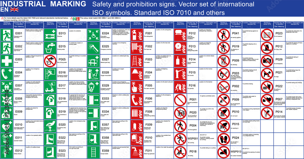 Set of vector safety signs prohibition signs buildings applications. ISO 7010 standard vector safety symbols. Vector graphic safety symbols signs marks Emergency exit fire extinguisher door ladder - obrazy, fototapety, plakaty 