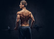 © Fxquadro - Back view of shirtless man with stylish hair and muscular ectomorph doing the exercises with the barbell.