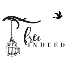 Vector Free Indeed Design With Tree Branches, Bird Cage, And Flying Bird With Text In Black & White.