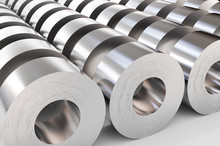Warehouse Of Steel Rolls. Steel Sheets In Rolls, Rolled Metal Products. 3d Illustration.