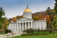 Vermont State House, Capital Building In Montpelier With Autumn Colors