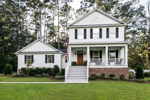 Suburban White All American Contemporary Farmhouse Two Story With Curb Appeal