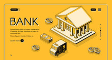Bank And Money Isometric Thin Line Vector Illustration Of Dollar Money And Cash CIT Van. Business And Banking Finance Halftone Design Dollar And Coins On Yellow Background