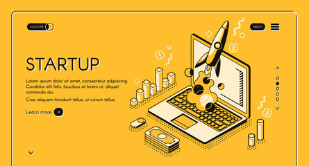 Fototapete - Startup business project vector illustration in thine line isometric design on yellow halftone background. Rocket launch start up creative idea and computer with money and commerce diagrams